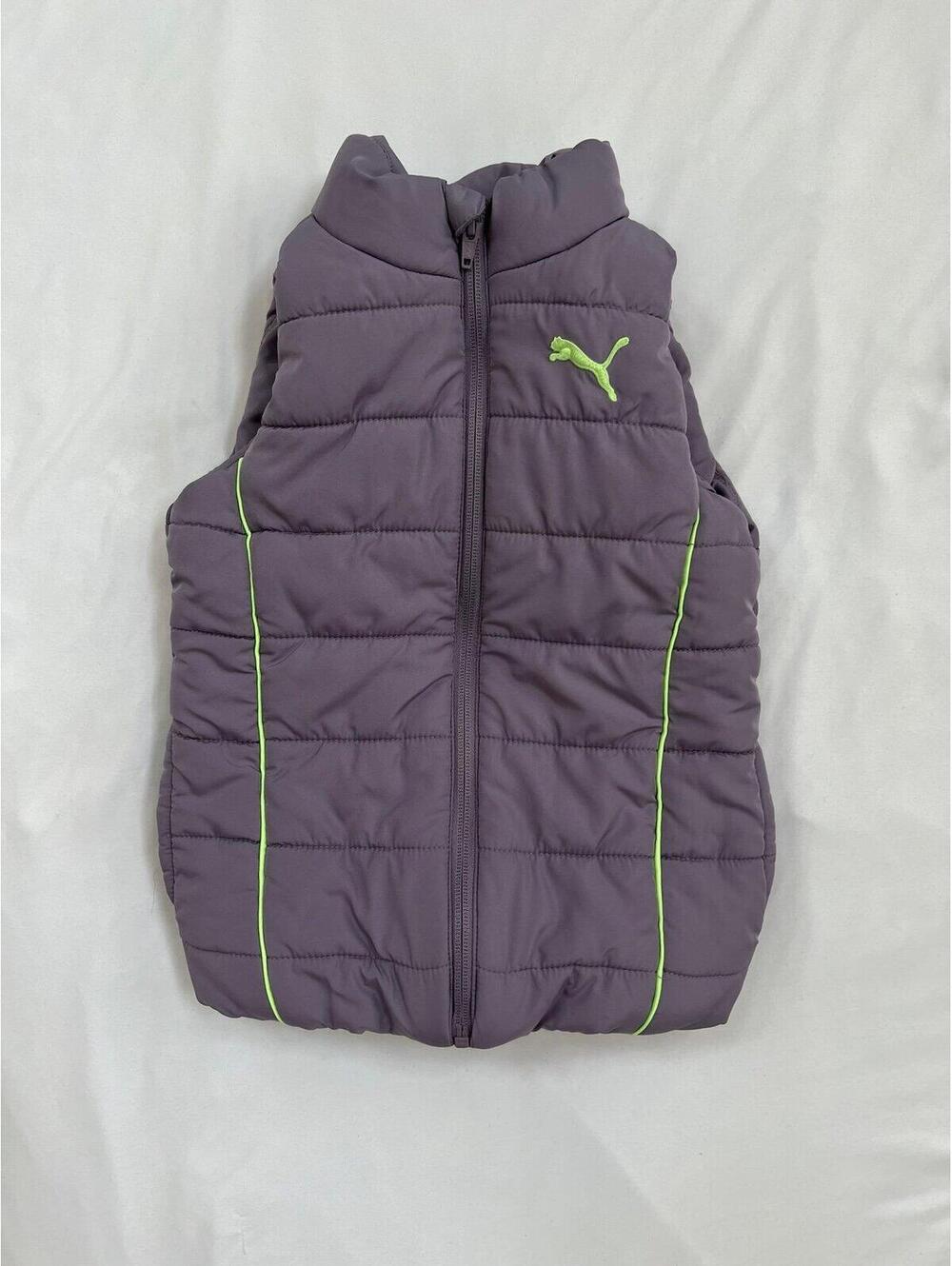 Puma girls size small purple puffer vest with bright green accents